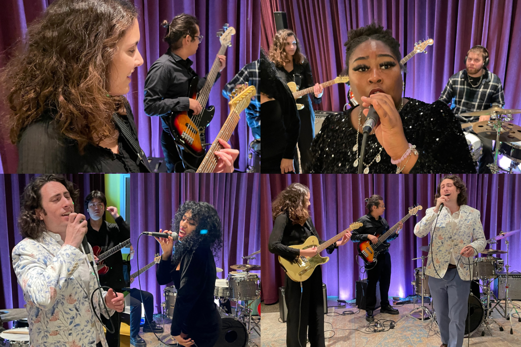 A collage of pictures of a group of people playing music.